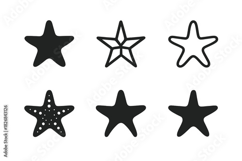 Starfish Logo Variations. Starfish. Icon set. Set Logo of starfish silhouette. harmonious logo variations of the same emblematic concept (Symmetrical form,