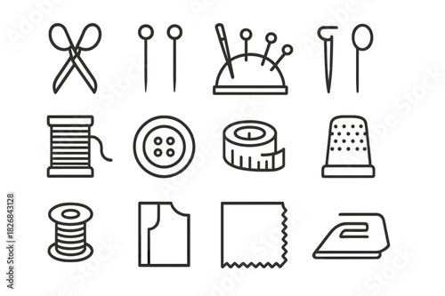 Sewing Tools Icon Set. Sewing accessories. Line icon set of sewing accessories: scissors, pins, pin cushion, needle, thread spool, button, tape measure,