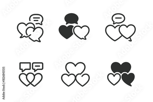 Family Communication Icons. Healthy Communication Within Families. Icon set. Set Logo of Healthy Communication Within Families: connected hearts and speech