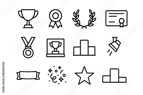 Achievement Icon Set. Achievement display. Line icon set of Achievement display: trophy cup, ribbon, laurel wreath, certificate, medal, display case, podium,