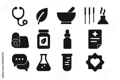 Integrative Medicine Icons. Integrative Medicine. Solid icon set of Integrative Medicine: stethoscope, leaf icon, mortar and pestle, acupuncture needles, yoga