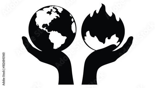 Hands holding earth and fire representing climate change concept art