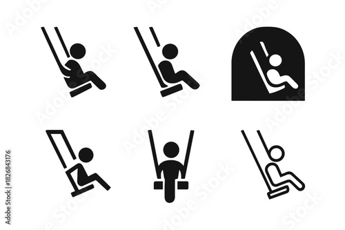 Playground Swing Logos. Swinging on playground. Icon set. Set Logo of swinging on playground: Side view of swing in arc. harmonious logo variations of the same