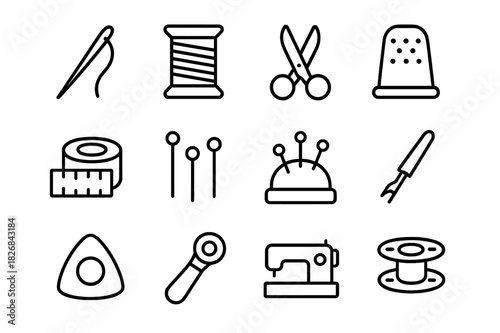 Sewing Tools Icons. Sewing Tools. Line icon set of Sewing Tools: needle, thread spool, scissors, thimble, measuring tape, pins, pin cushion, seam ripper,