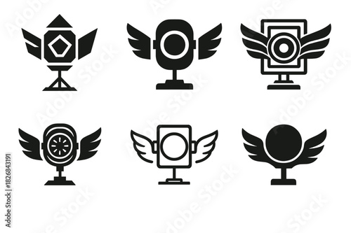 Cosplay Logo Variations. Cosplay photography studio. Icon set. Set Logo of cosplay photography: stage spotlight with wings. harmonious logo variations of the