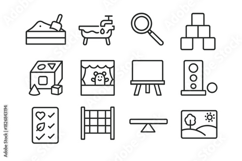 Outdoor Play Icon Set. Educational play outdoors. Line icon set of educational play outdoors: sandbox, water play, magnifying glass, color blocks, shape