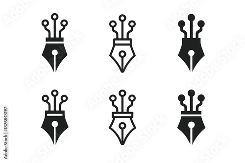 AI-Inspired Logo Design. AI in creative industries. Icon set. Set Logo of AI in creative industries: fountain pen nib fused with circuit board. harmonious logo
