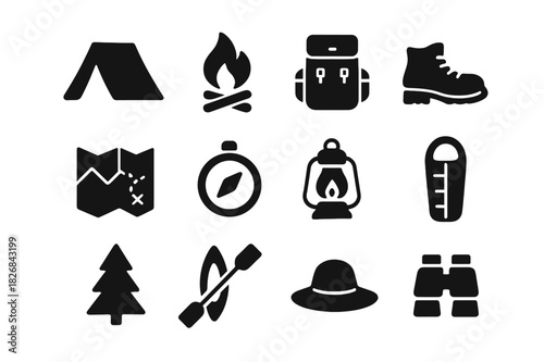 Outdoor Adventure Icons. Outdoor Adventure. Solid icon set of tent, campfire, backpack, hiking boots, map, compass, lantern, sleeping bag, tree, canoe, hat,