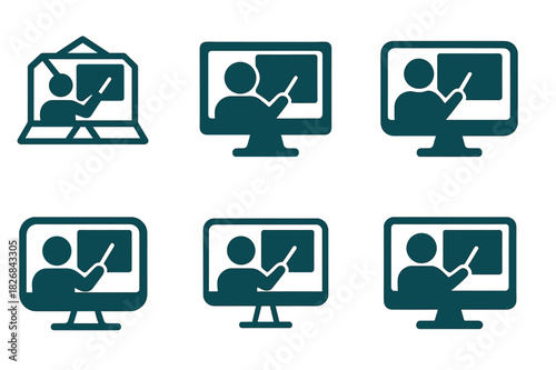 Virtual Classroom Logos. Virtual classrooms and online education. Icon set. Set Logo of online education: teacher on screen. harmonious logo variations of the
