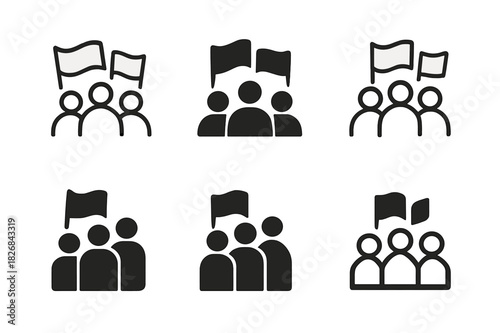 Crowd Icon Logo Variations. People in the Crowd. Icon set. Set Logo of People in the Crowd: Crowd with Flags. harmonious logo variations of the same emblematic