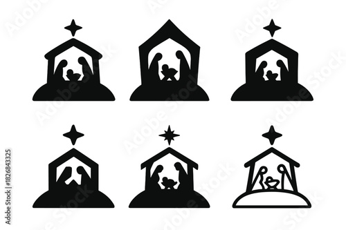 Nativity Logo Variations. Nativity scene. Icon set. Set Logo of nativity scene: Silhouetted nativity hilltop. harmonious logo variations of the same emblematic