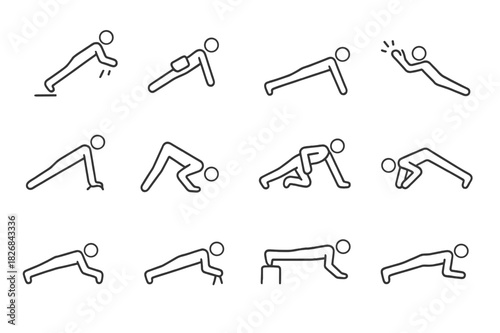 Push-Up Icon Set. Push-Up Challenges. Line icon set of Push-Up Challenges: explosive push-up, weighted push-up, one-arm push-up, clap push-up, fingertip