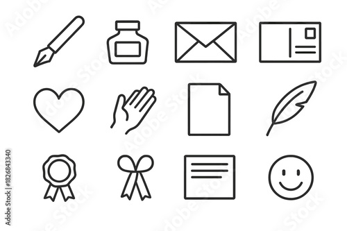Handwritten Message Icons. Handwritten messages. Line icon set of handwritten messages: pen, ink bottle, envelope, postcard, heart, hand, paper, feather, wax
