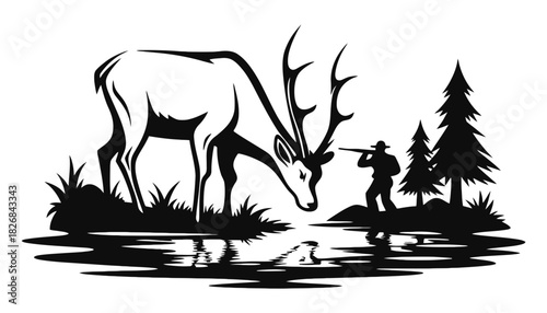 A deer drinking water while a hunter aims in a black and white scene