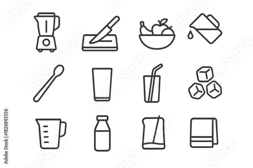 Smoothie Icon Set. Smoothie. Line icon set of smoothie: smoothie glass, blender, straw, fruit slice, ice cubes, mint leaf, mason jar, reusable cup, straw lid,