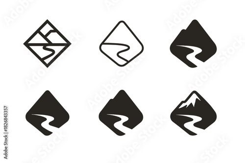 Nature Conservation Icons. Nature conservation and wildlife protection. Icon set. Set Logo of conservation: mountain and river ecosystem. harmonious logo