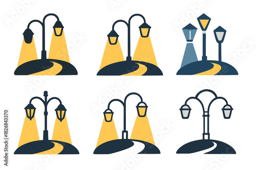 Streetlight Logo Variations. Streetlights at night. Icon set. Set Logo of streetlights: illuminated sidewalk path. harmonious logo variations of the same
