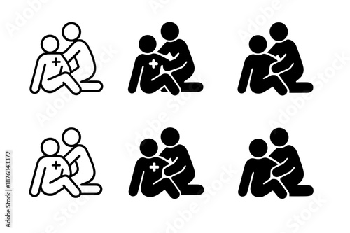 First Aid Icons. Wounded Victims. Icon set. Set Logo of Wounded Victims: First Aid Scene. harmonious logo variations of the same emblematic concept