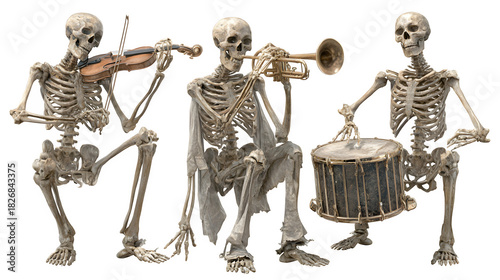 Canvas Print Spooky skeleton band playing music with violin, trumpet, and drum, perfect for H