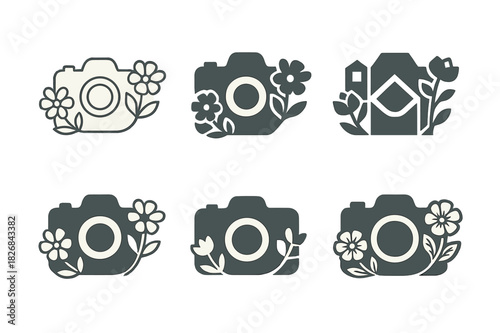 Nature Photoshoot Icons. May photoshoot in nature. Icon set. Set Logo of nature photoshoot: camera surrounded by flowers. harmonious logo variations of the