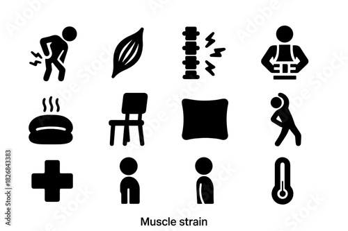 Back Pain Icons. Muscle Strain. Solid icon set of person holding back, muscle, spine, pain lines, back brace, hot pack, chair, pillow, stretching pose, medical