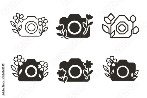 Nature Photoshoot Icons. May photoshoot in nature. Icon set. Set Logo of nature photoshoot: camera surrounded by flowers. harmonious logo variations of the
