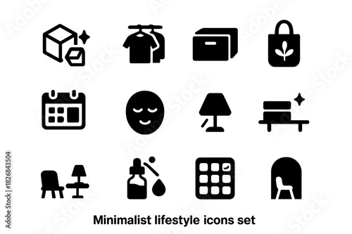 Minimalist Icon Set. Minimalist lifestyle. Solid icon set of Minimalist lifestyle: declutter icon, capsule wardrobe, storage box, reusable bag, planner, calm
