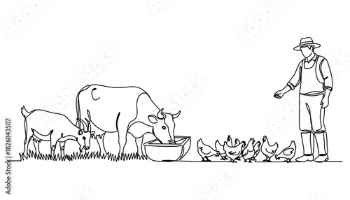 Continuous line drawing of farmer with animals on a white background