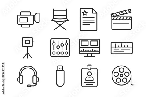 News Production Icons. News production. Line icon set of news production: video camera, director?s chair, script, clapperboard, light stand, sound mixer,
