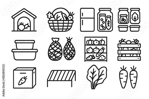 Vegetable Preservation Icons. Vegetable Preservation Set. Line icon set of Vegetable Preservation Set: root cellar, basket of vegetables, refrigerator, glass
