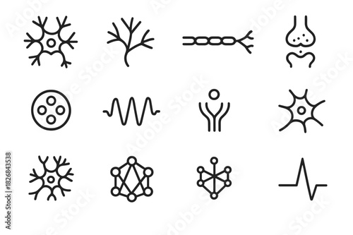 Neural Networks Icons. Neural Networks. Line icon set of Neural Networks: neuron, dendrite, axon, synapse, neurotransmitter, signal, brainwave, receptor, glial