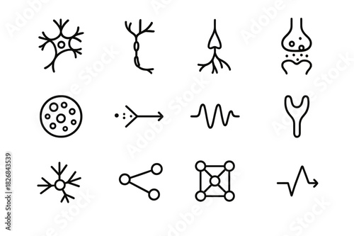 Neural Networks Icons. Neural Networks. Line icon set of Neural Networks: neuron, dendrite, axon, synapse, neurotransmitter, signal, brainwave, receptor, glial