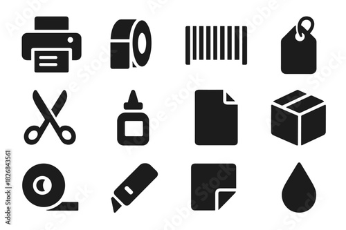 Iconic Label Tools. Label Printing. Solid icon set of Label Printing: printer, label roll, barcode, tag, scissors, glue bottle, paper sheet, box, tape, cutter,