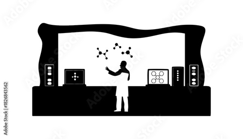 Scientist in lab with computers and molecule diagrams black and white