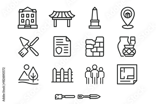 Cultural Preservation Icons. Cultural Preservation Efforts in Architecture and Landscape. Line icon set of Cultural Preservation Efforts in Architecture and