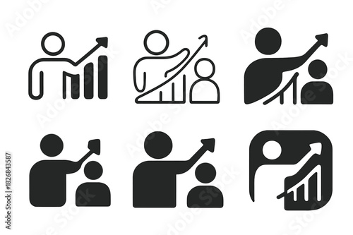 Mentorship Logo Icons. Mentor offering advice. Icon set. Set Logo of mentorship: upward growth chart with guidance. harmonious logo variations of the same