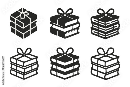 Novel Logo Variations. Pile of novels. Icon set. Set Logo of pile of novels: Books tied with string. harmonious logo variations of the same emblematic concept,