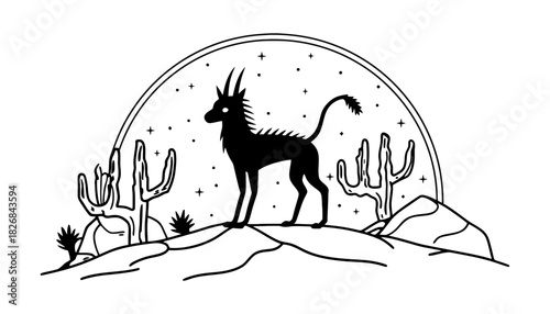 A kirin silhouette in a desert landscape with cacti and starry sky