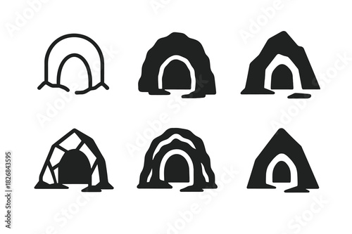 Lair Logo Variations. Lair. Icon set. Set Logo of lair: hidden cave entrance. harmonious logo variations of the same emblematic concept, each with different