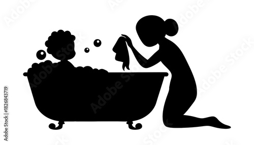 Silhouette of child in bathtub with bubbles and woman holding towel