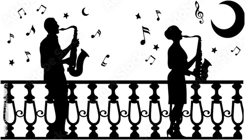 Silhouettes of musicians playing saxophones on a balcony at night time