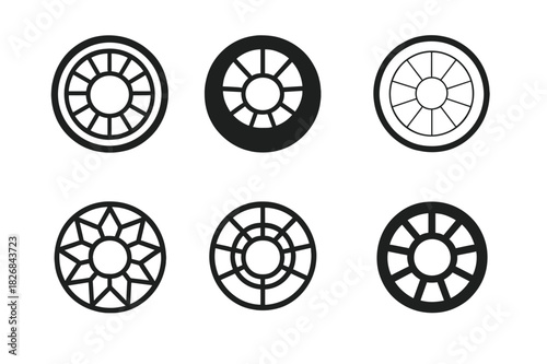 Open Atrium Icons. Open Atrium. Icon set. Set Logo of Open Atrium: circular open ceiling. harmonious logo variations of the same emblematic concept, each with