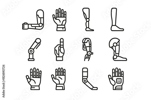 Future Prosthetics Icons. Future Prosthetics. Line icon set of Future Prosthetics: bionic arm, robotic hand, mechanical leg, prosthetic foot, servo joint,
