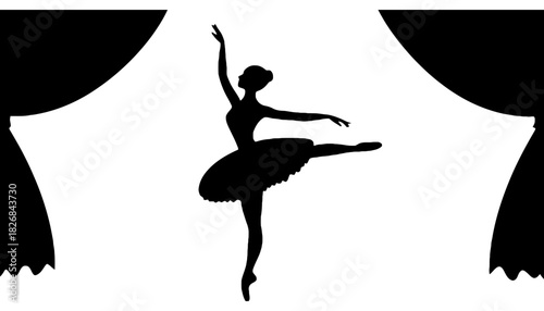 Silhouette of a ballerina performing on stage with curtains around her