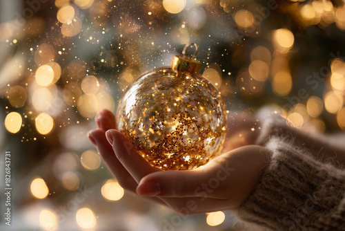 Shot of beautiful realistic womans fingers that hold golen Christmas tree ball, reflecting tiny specks of light, surrounded by a soft, dreamy bokeh background of out-of-focus Christmas lights