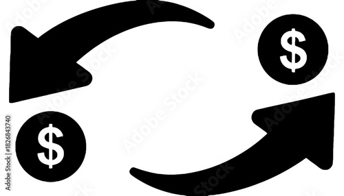 A black and white image of money exchange with curved arrows shown