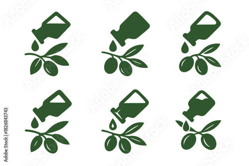 Olive Oil Logo Variations. pouring olive oil. Icon set. Set Logo of pouring olive oil: olive branch. harmonious logo variations of the same emblematic concept,
