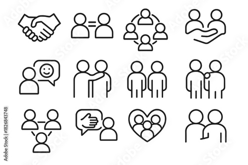 Peer Support Icons. Peer support. Line icon set of peer support: peer handshake, equal icon, circle of people, shared experience, feedback speech bubble,