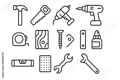 DIY Tools Icon Set. DIY furniture building. Line icon set of DIY furniture building: hammer, saw, drill, screwdriver, measuring tape, wood plank, screw,