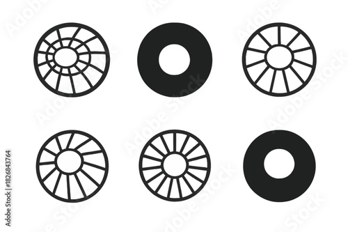 Open Atrium Icons. Open Atrium. Icon set. Set Logo of Open Atrium: circular open ceiling. harmonious logo variations of the same emblematic concept, each with
